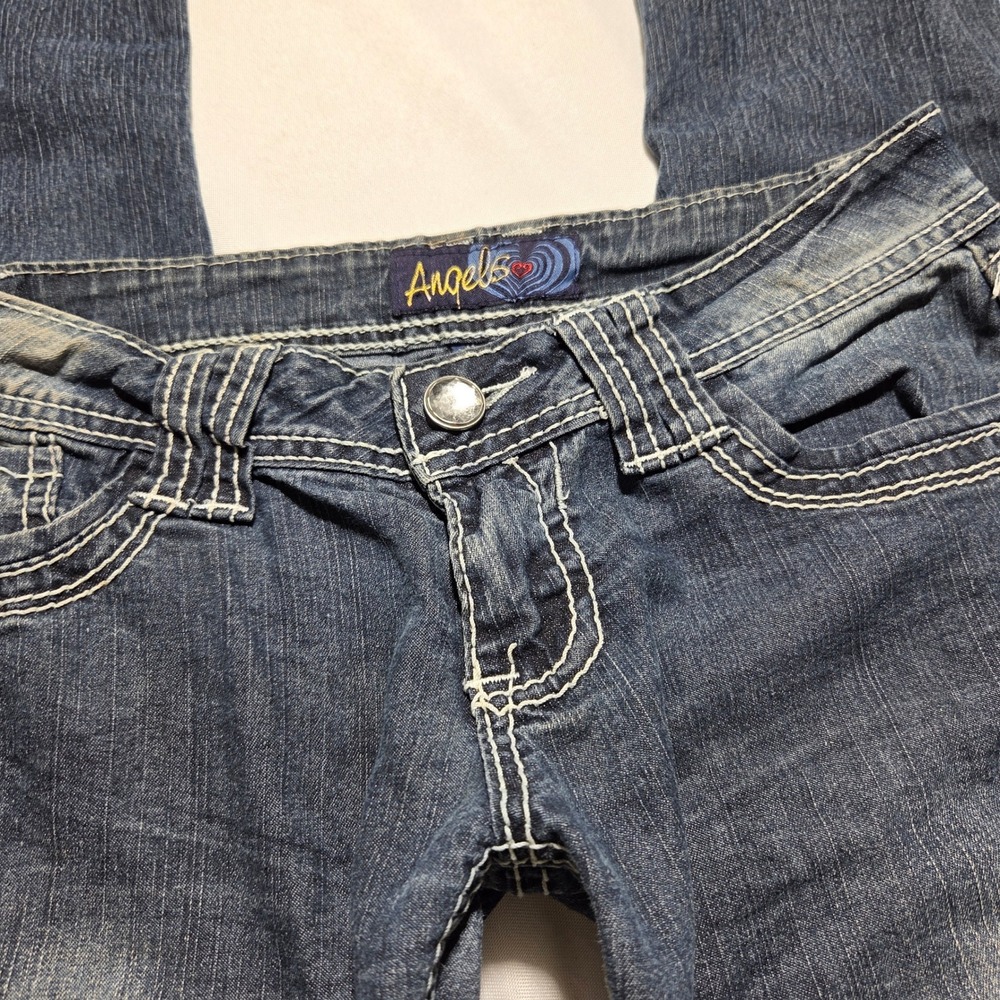 Angels Womens Skinny Jeans Blue Dark Wash Thick Stitch Rhinestone Low Rise Sz 5 - Picture 2 of 8